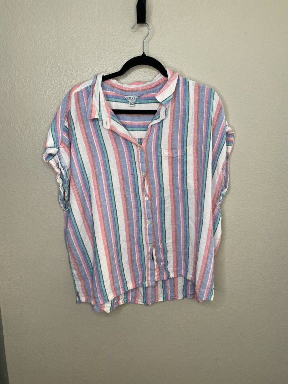 Orvis Womens Striped Linen Blend Short Sleeve Shirt XXL blue pink Casual